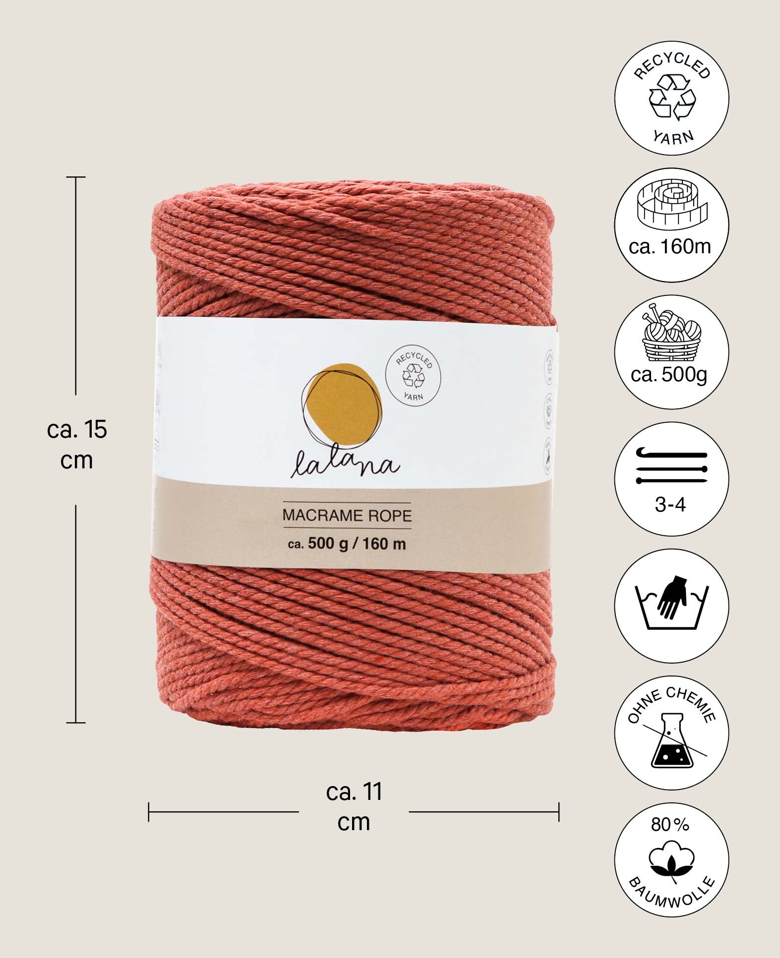 Macrame Rope rusty, Lalana Knüpfgarn für Makramee Projekte, Rostrot, 2 mm x ca. 160 m, ca. 500 g