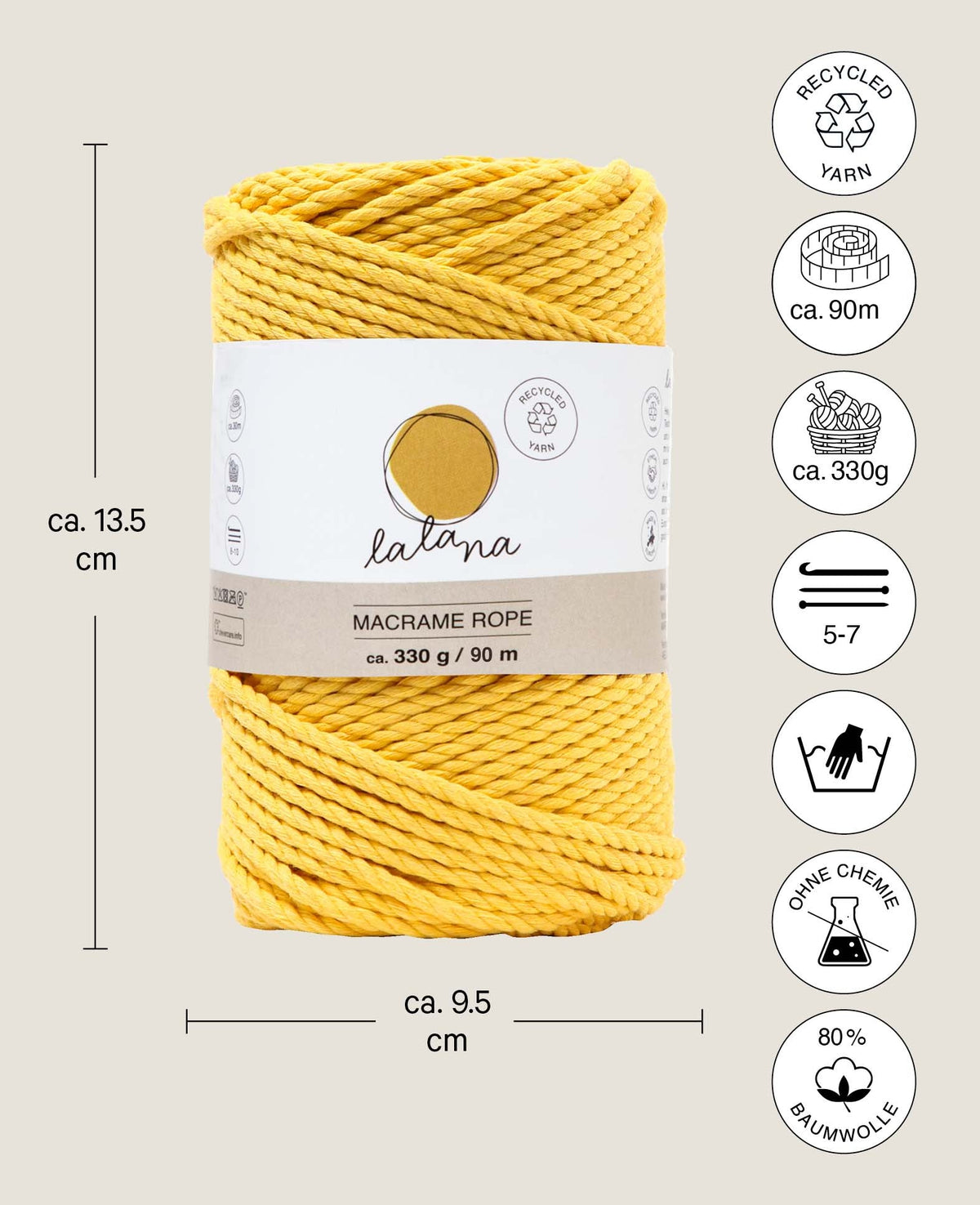 Macrame Rope mustard, Lalana macrame yarn for macrame projects, mustard yellow, 3 mm x approx. 90 m, approx. 330 g