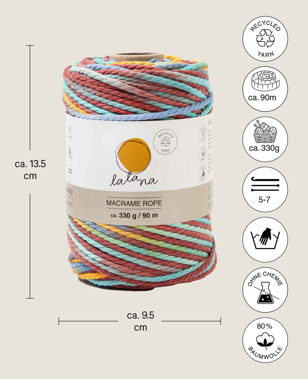 Lalana Macrame Rope Rainbow, knotting yarn, blue, ochre, turquoise, burgundy mix, 3 mm x approx. 90 m, approx. 330 g