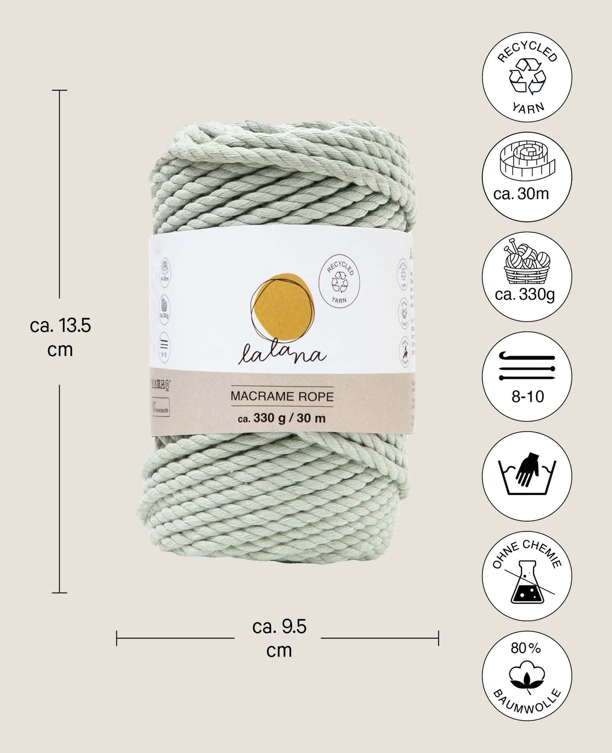 Macrame Rope little green, Lalana Knüpfgarn für Makramee Projekte, Graugrün, 5 mm x ca. 30 m, ca. 330 g