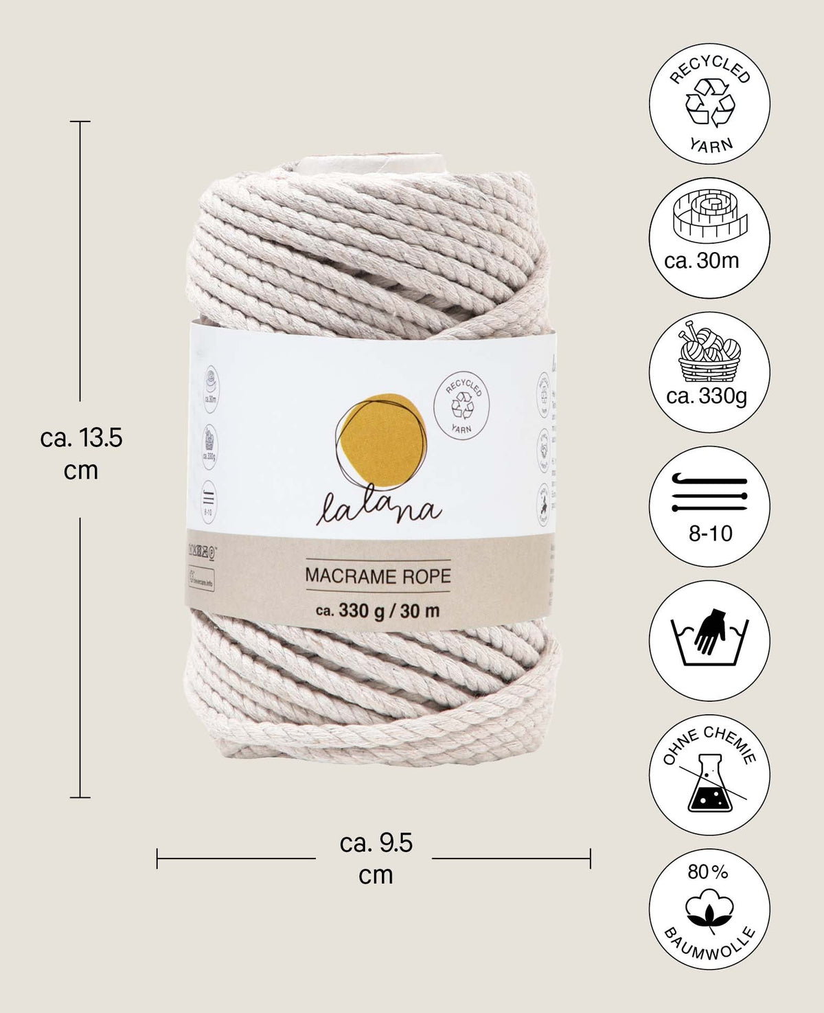 Macrame Rope stone, Lalana Knüpfgarn für Makramee Projekte, Grau, 5 mm x ca. 30 m, ca. 330 g