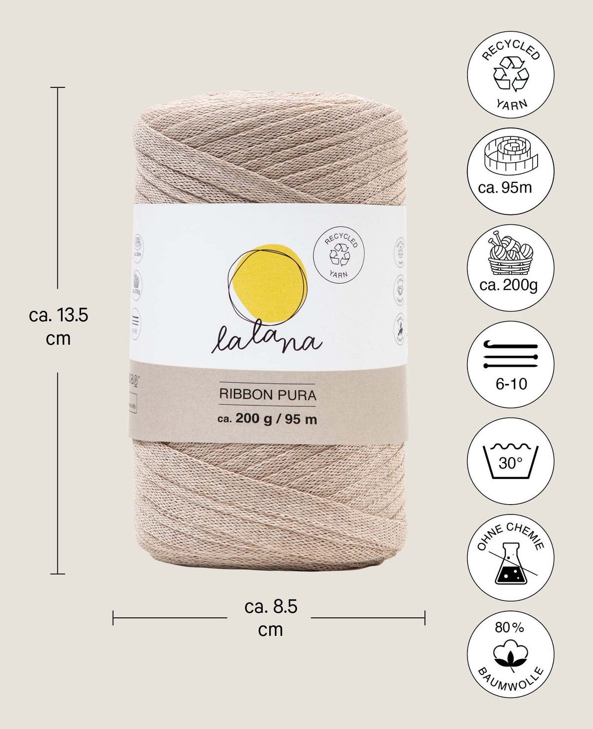Ribbon Pura beige, Lalana Bandgarn zum Häkeln, Stricken, Knüpfen & Makramee Projekte, Beige, ca. 8 x 1 mm x 95 m, ca. 200 g