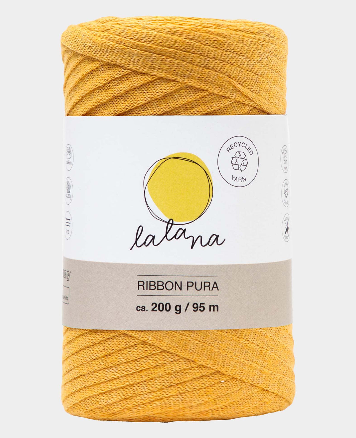 Ribbon Pura mustard, Lalana Bandgarn zum Häkeln, Stricken, Knüpfen & Makramee Projekte, Senfgelb, ca. 8 x 1 mm x 95 m, ca. 200 g