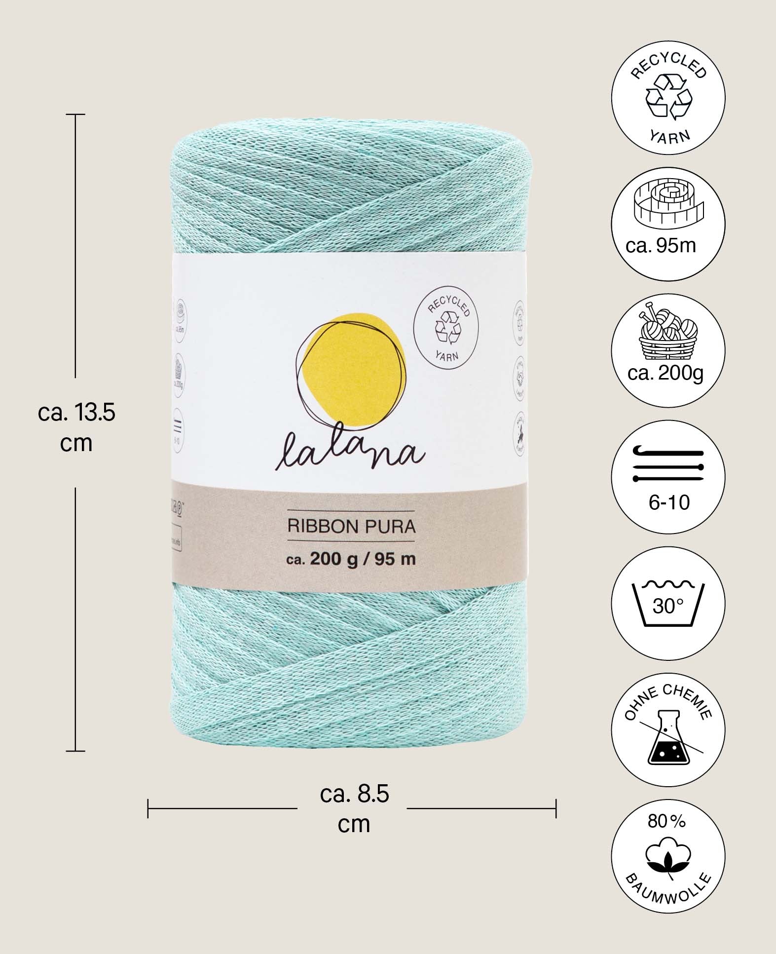 Ribbon Pura mint, Lalana Bandgarn zum Häkeln, Stricken, Knüpfen & Makramee Projekte, Mintgrün, ca. 8 x 1 mm x 95 m, ca. 200 g