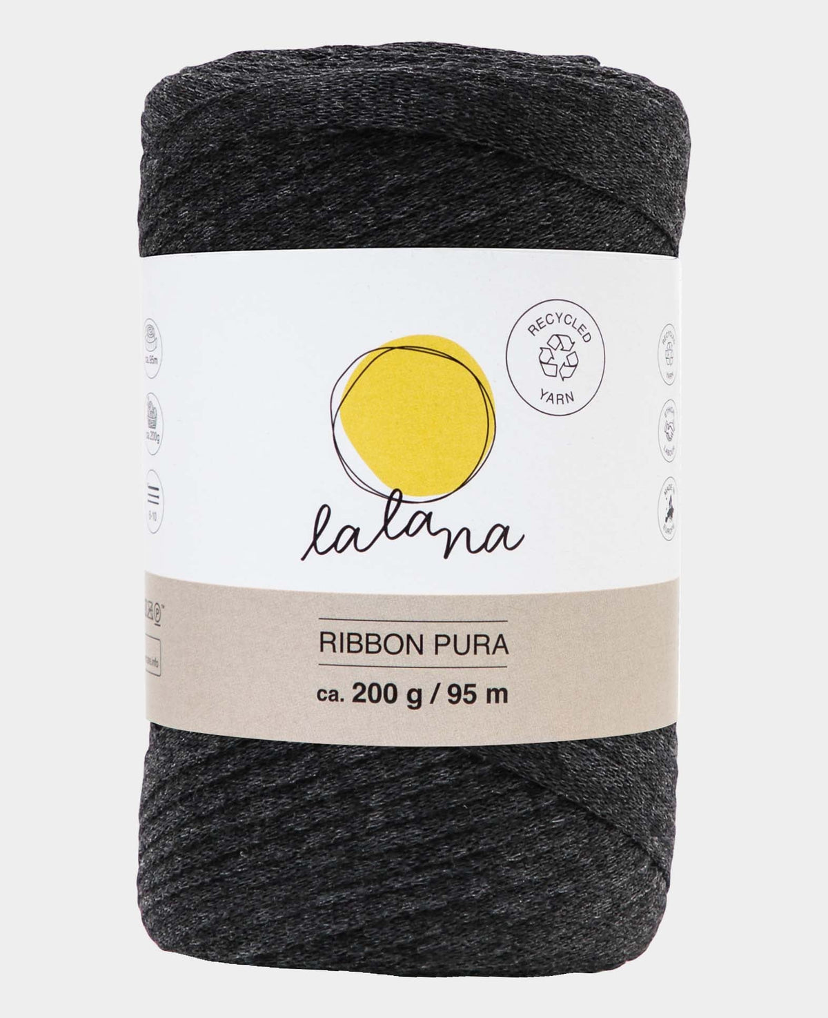 Ribbon Pura anthrazite, Lalana Bandgarn zum Häkeln, Stricken, Knüpfen & Makramee Projekte, Dunkelgrau, ca. 8 x 1 mm x 95 m, ca. 200 g