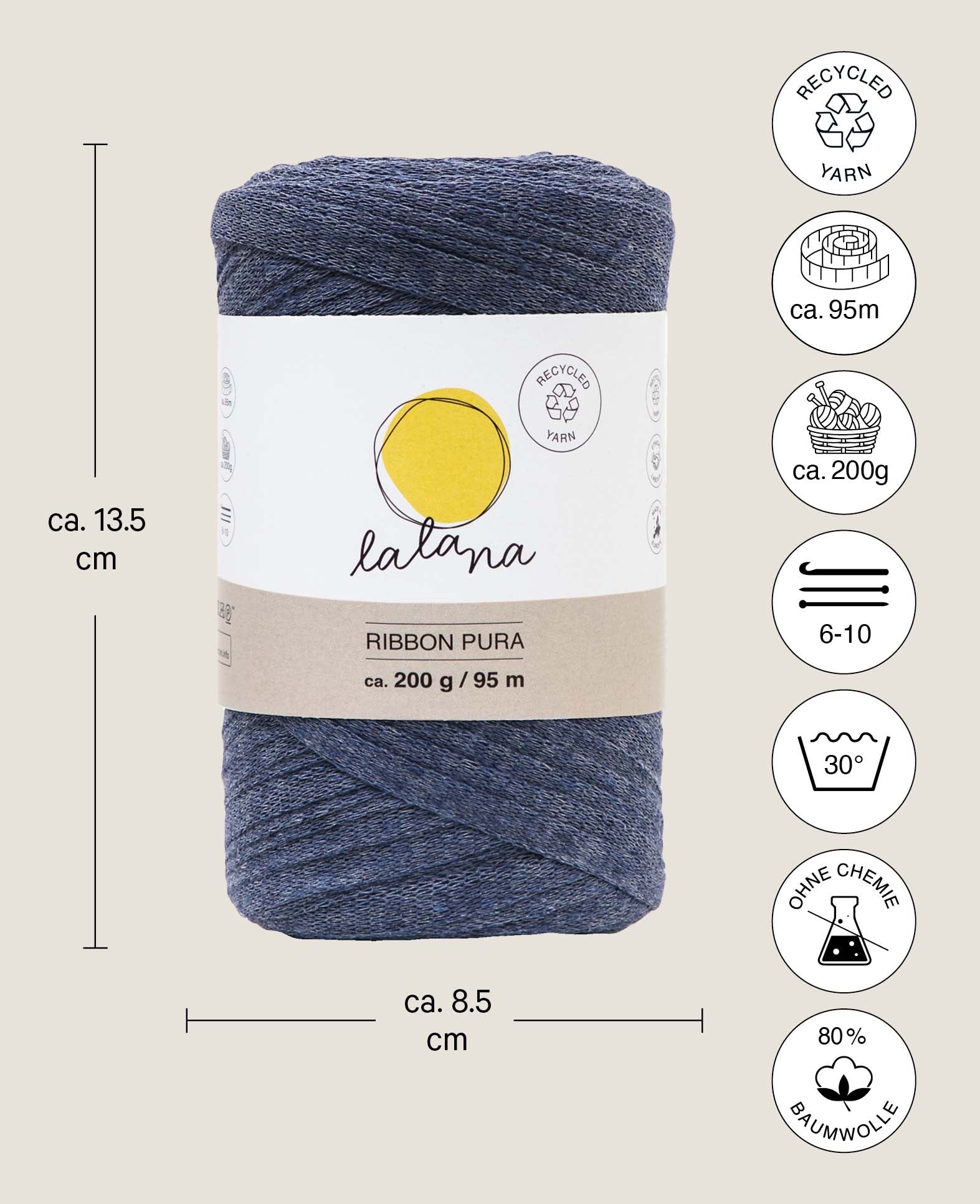 Ribbon Pura jeans, Lalana Bandgarn zum Häkeln, Stricken, Knüpfen & Makramee Projekte, Blaugrau, ca. 8 x 1 mm x 95 m, ca. 200 g