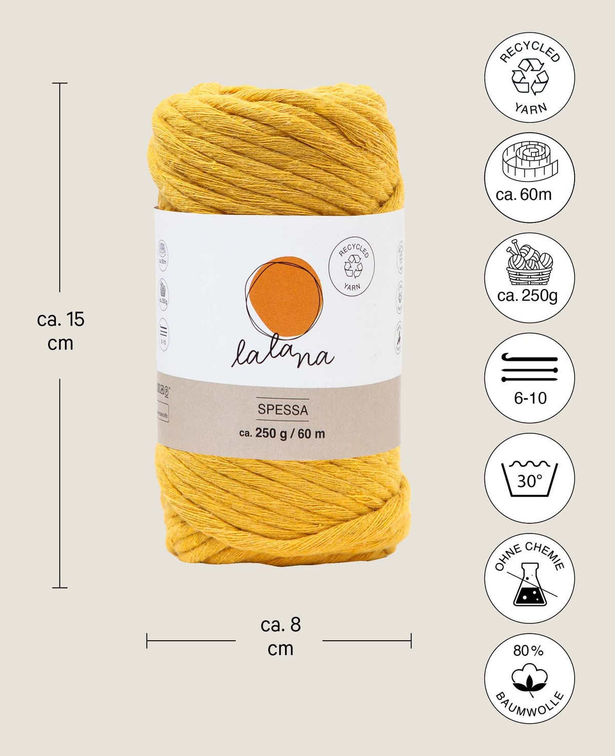 Spessa moutarde, fil macramé Lalana pour crochet, tricot, nouage et projets macramé, jaune moutarde, environ 5 mm x 60 m, environ 250 g
