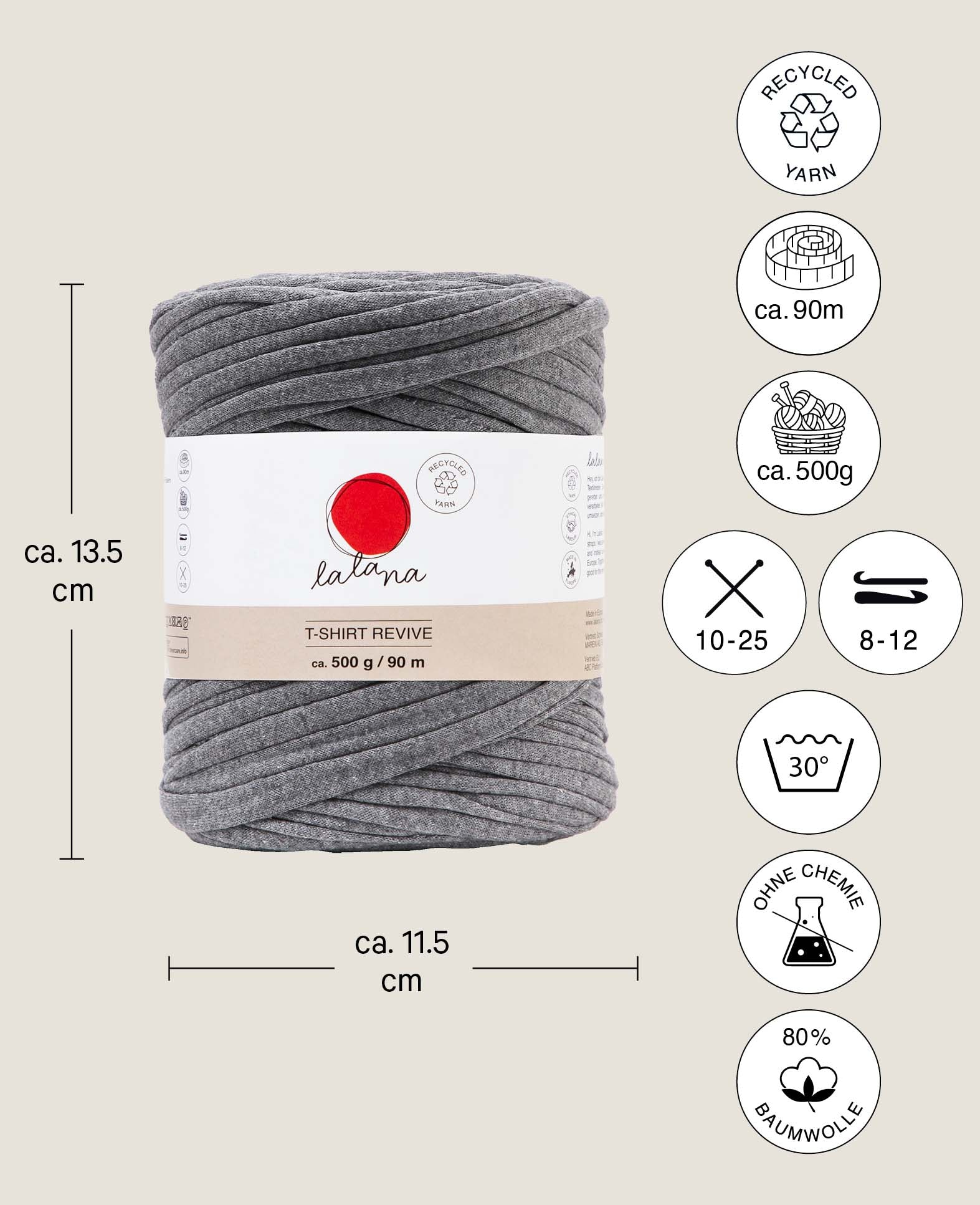 T-Shirt Revive premium grey, Lalana Textilgarn zum Häkeln, Stricken, Knüpfen & Makramee Projekte, Grau, ca. 5 mm x 90 m, ca. 500 g