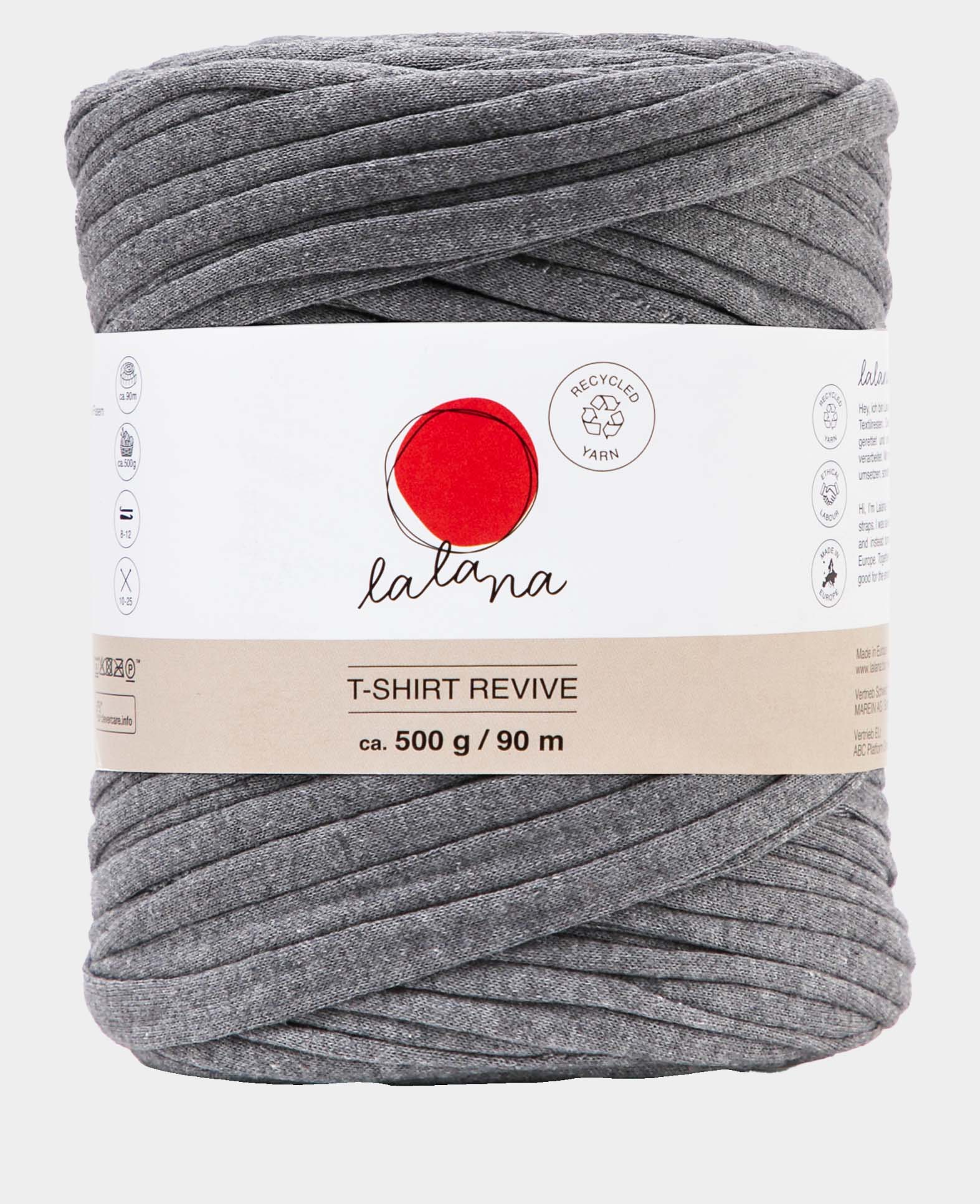 T-Shirt Revive premium grey, Lalana Textilgarn zum Häkeln, Stricken, Knüpfen & Makramee Projekte, Grau, ca. 5 mm x 90 m, ca. 500 g