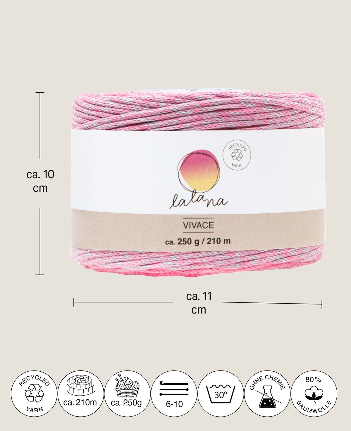 Vivace Capri, fil textile Lalana pour crochet, tricot, nouage et projets de macramé, multicolore, environ 2 mm x 210 m, environ 250 g