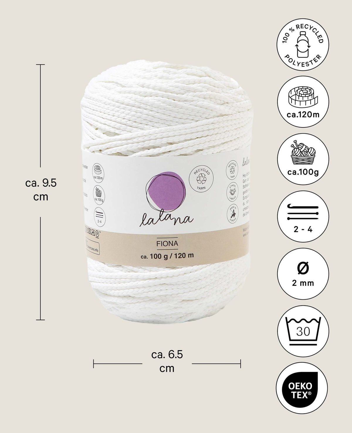 Fiona white, Lalana Kettengarn, Weiss, ca. 100 g, ca. 120 m, ø 2mm