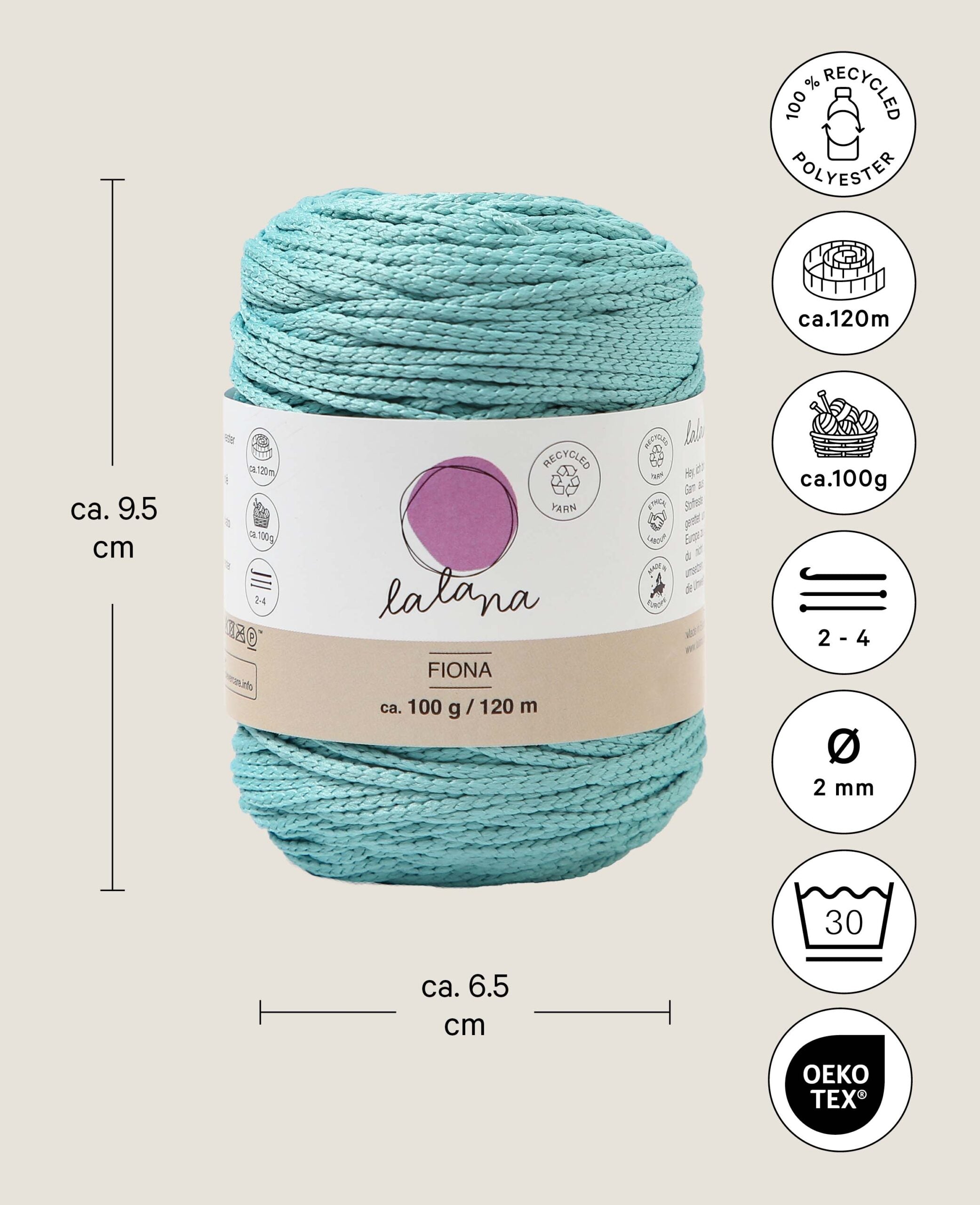 Fiona Mint, Lalana Chainette Yarn, Mint Green, approx. 100 g, approx. 120 m, ø 2mm
