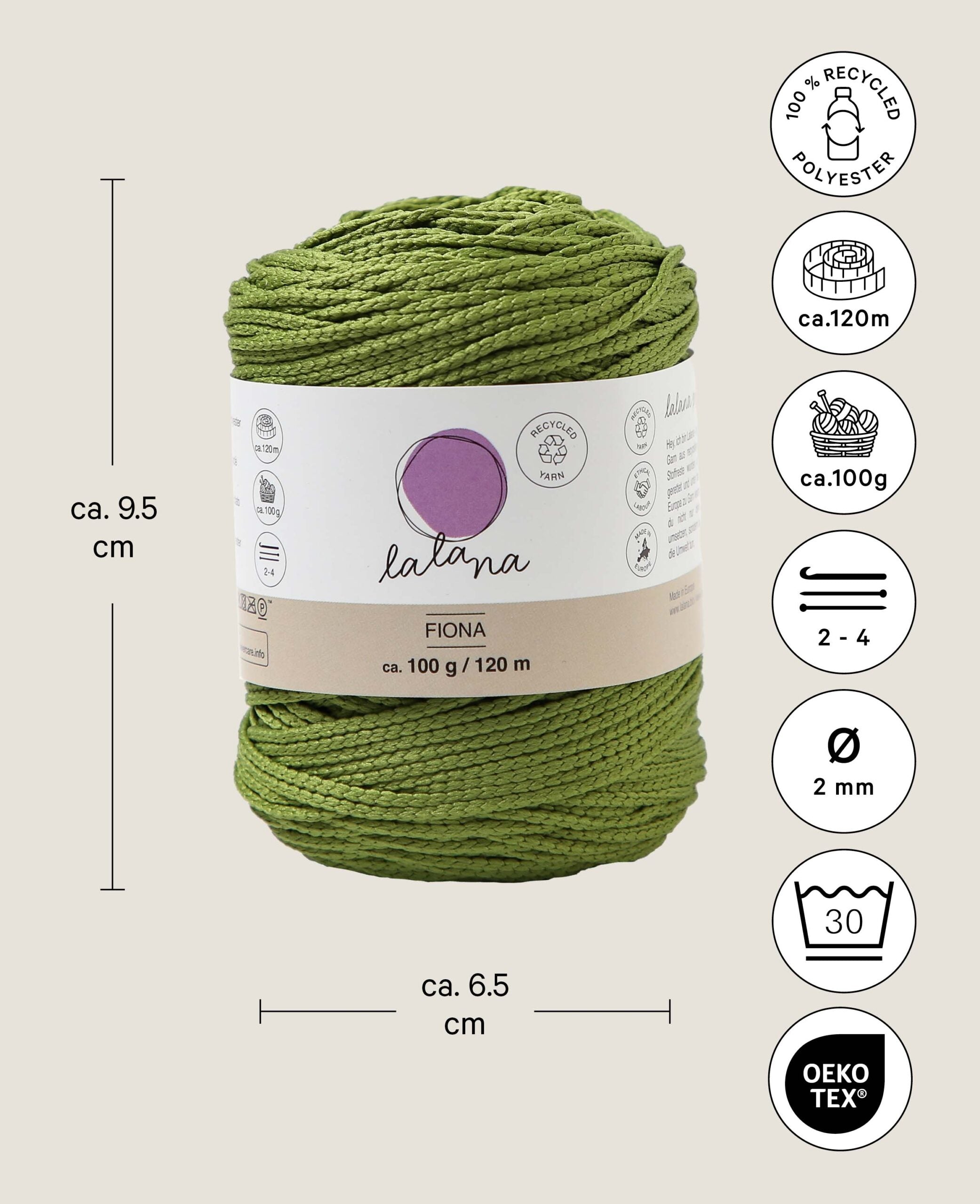Fiona olive, Lalana Kettengarn, Olivegrün, ca. 100 g, ca. 120 m, ø 2mm
