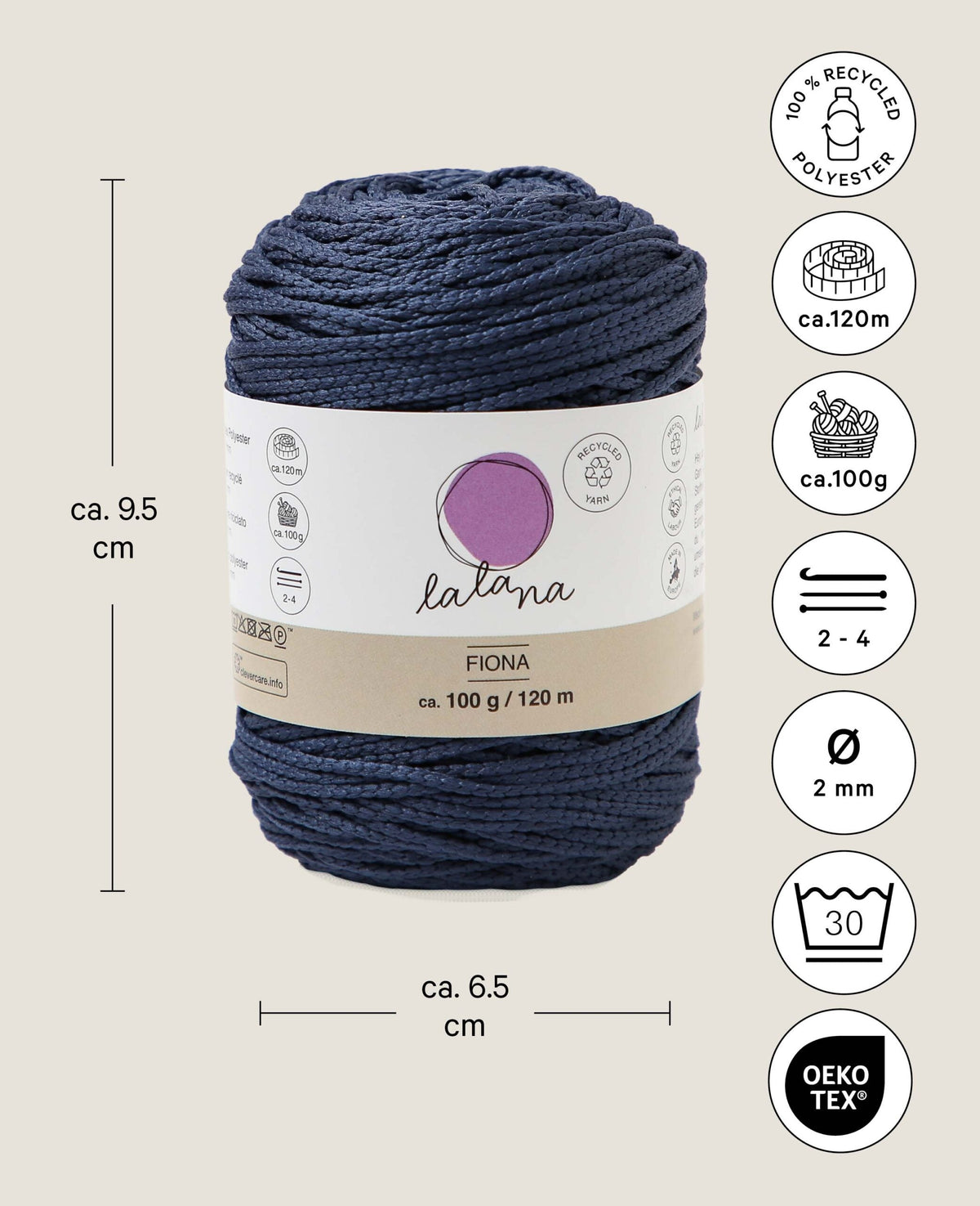 Fiona bleu nuit, fil chaînette Lalana, bleu nuit, env. 100 g, env. 120 m, ø 2mm