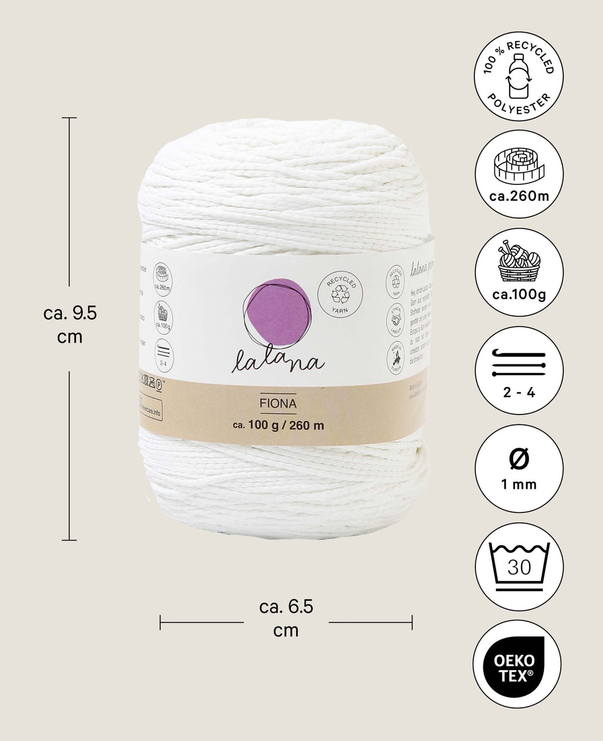 Fiona blanc, fil chaîne Lalana, blanc, env. 100 g, env. 260 m, ø 1mm
