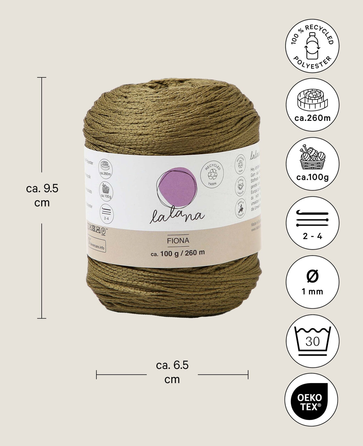 Fiona khaki, fil à tricoter Lalana, env. 100 g, env. 260 m, ø 1mm