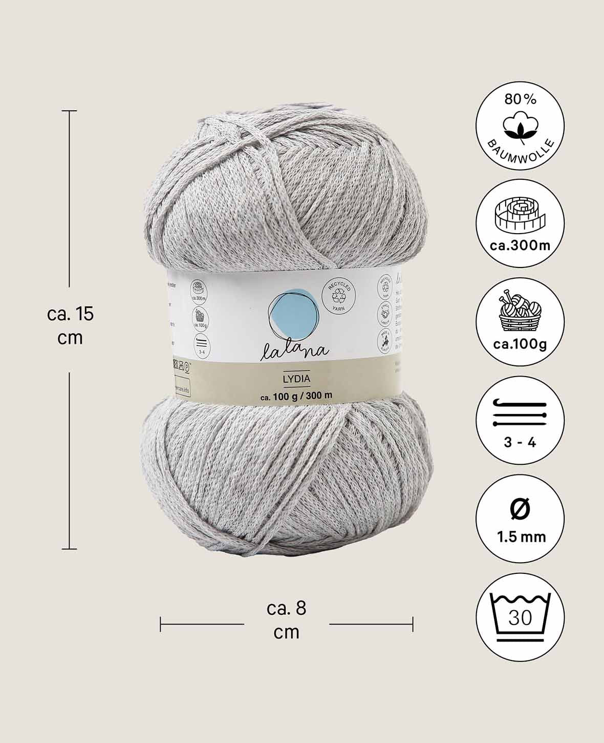 Lydia light grey, Lalana Kettengarn, Hellgrau, ca. 100 g, ca. 300 m, ø 1.5mm