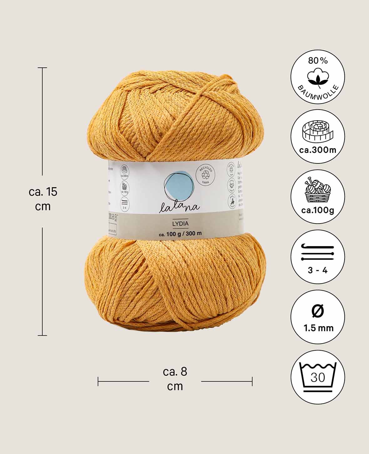 Lydia moutarde, fil chaîne Lalana, jaune moutarde, env. 100 g, env. 300 m, ø 1,5mm