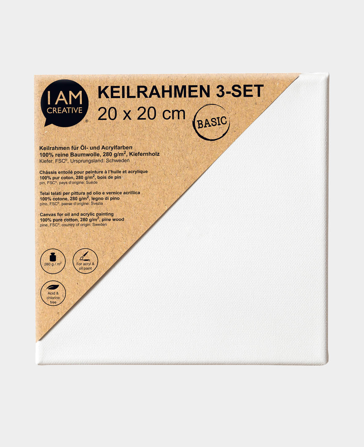 Keilrahmen BASIC, 1.7 x 20 x 20 cm, Weiss, 3 Stk.