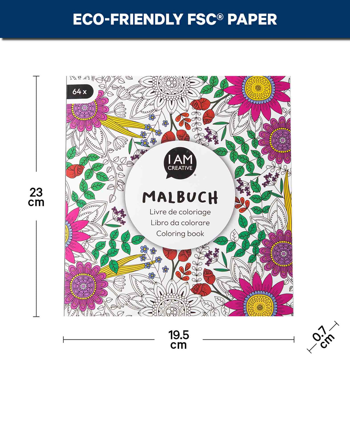 Ausmalbuch Blüten aus FSC-Papier, 19.5 × 23 cm, 64 Seiten