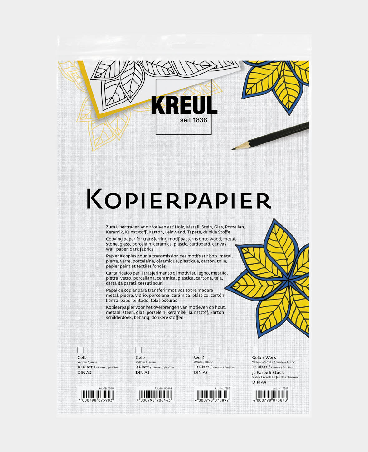 KREUL Kopierpapier je 5 Blatt Weiss u. Gelb 21 x 30 cm