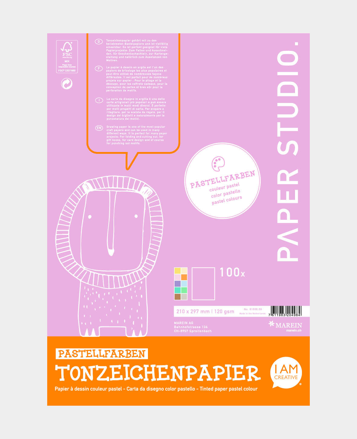 Tonzeichenpapier Block A4, Pastellfarben, 100 Blatt