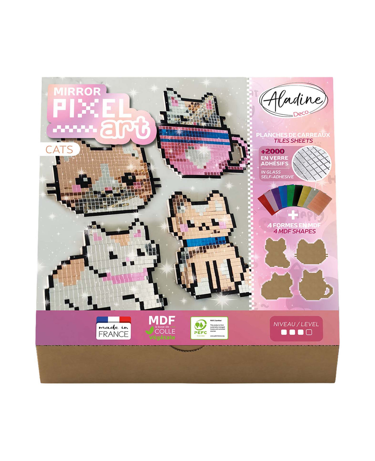 Mirror Pixel Art Cats Bastelset mit Spiegelmosaik, MDF, 4 Motive