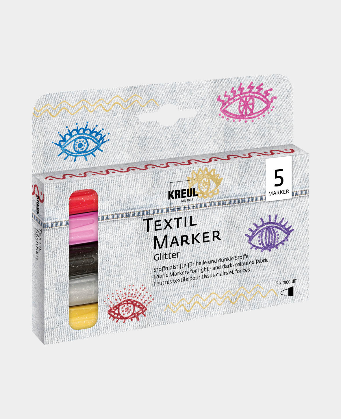KREUL Textil Marker Glitter medium 5er Set