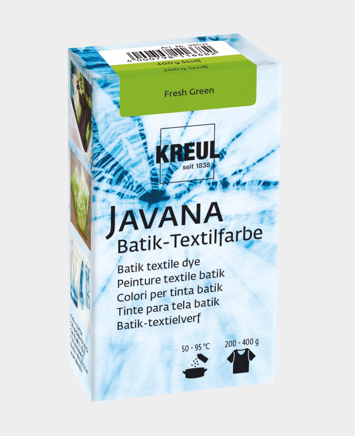 KREUL Batik-Textilfarbe Fresh Green, Farbpulver inklusive Färbesalz zum Färben und Batiken von Textilien, 70 g, Hellgrün