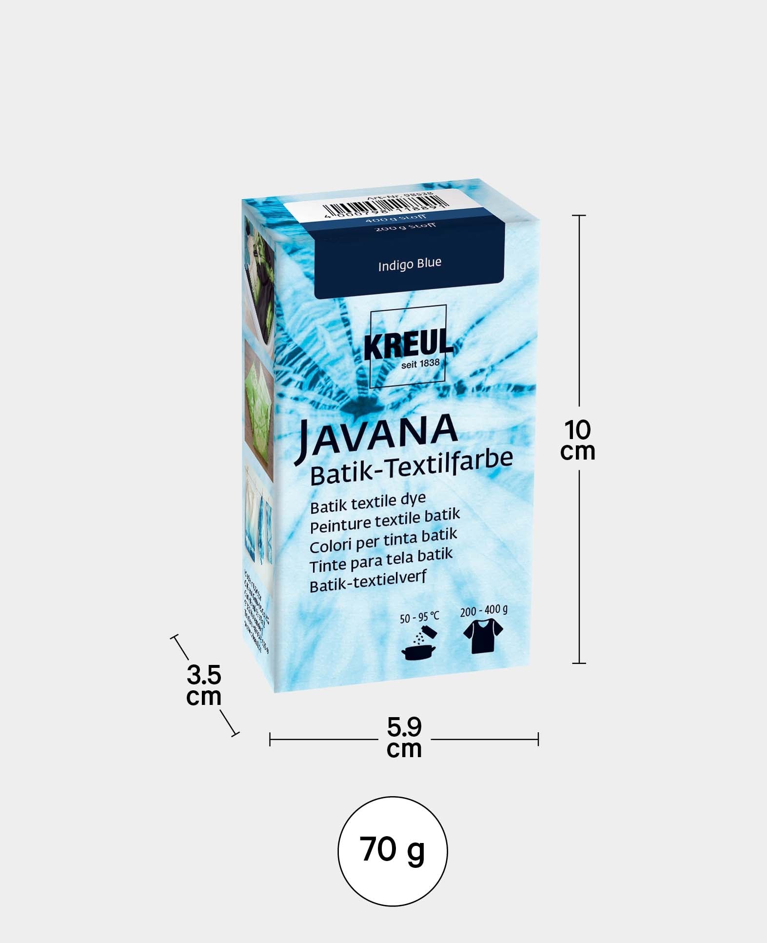 KREUL Batik-Textilfarbe Indigo Blue, Farbpulver inklusive Färbesalz zum Färben und Batiken von Textilien, 70 g, Dunkelblau