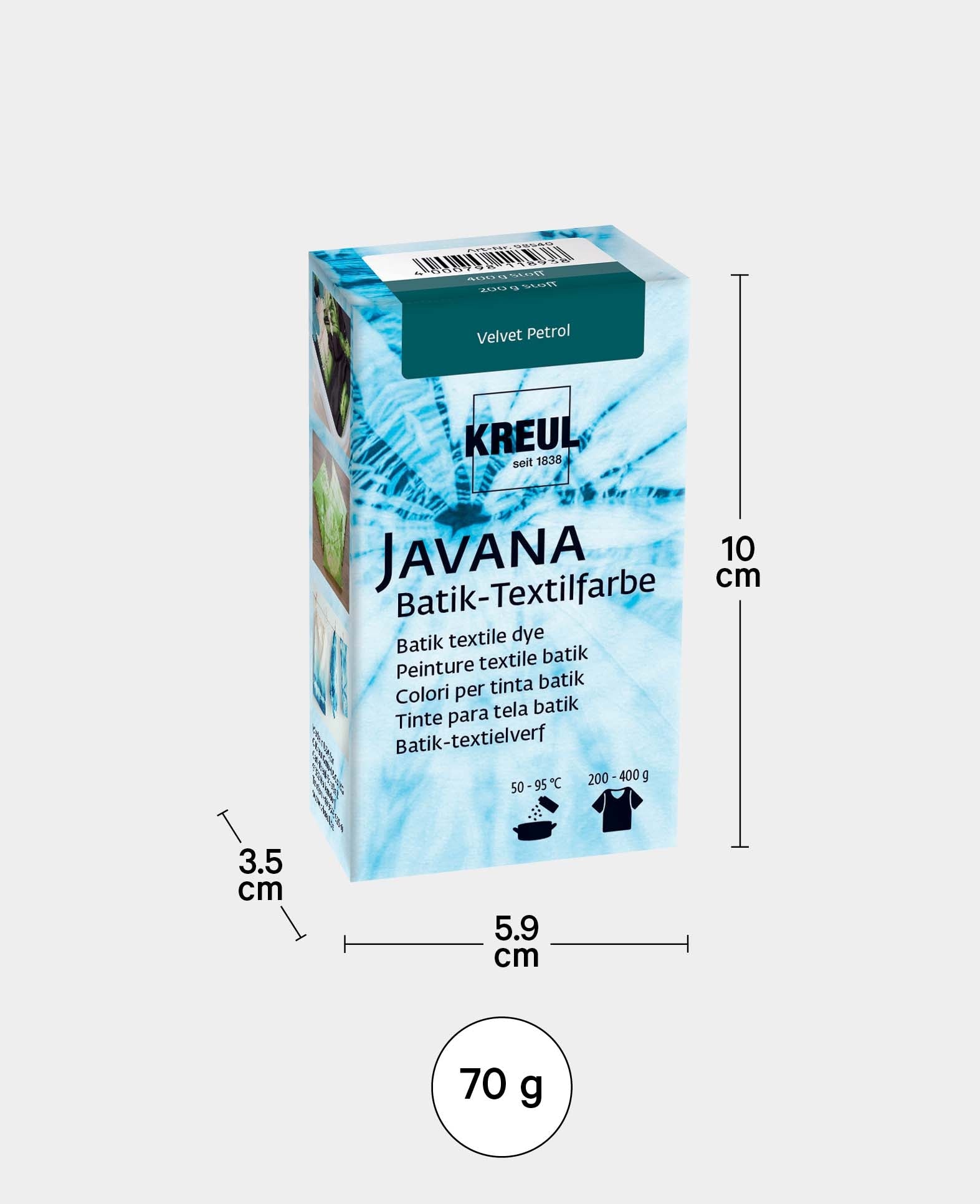 KREUL Batik-Textilfarbe Velvet Petrol, Farbpulver inklusive Färbesalz zum Färben und Batiken von Textilien, 70 g, Blaugrün