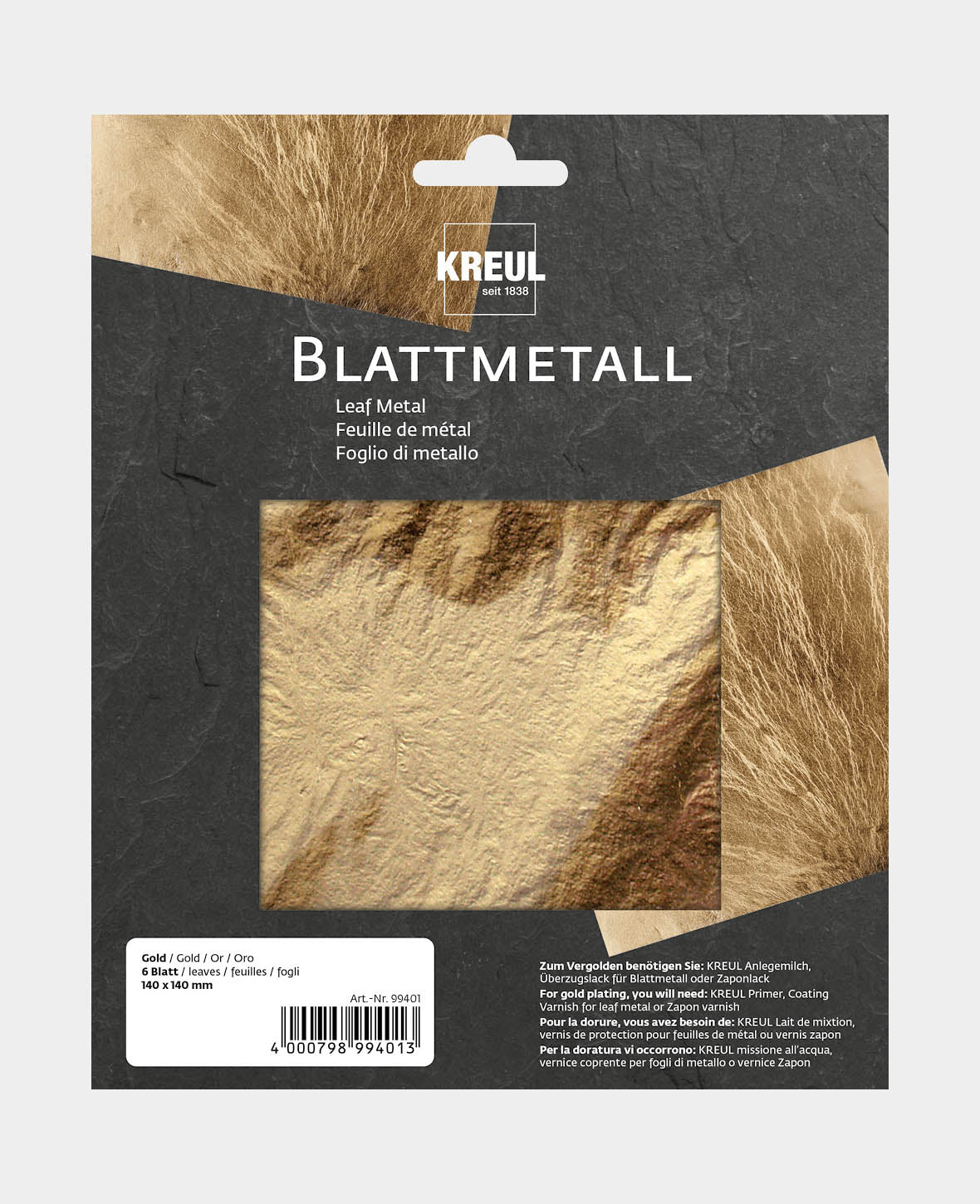 KREUL Blattmetalle Goldfarben 140 x 140 mm 6 Blatt