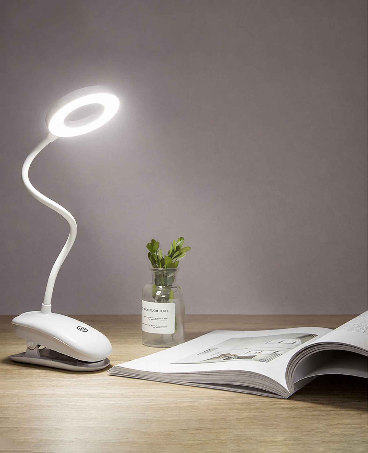 LED Leselampe mit biegbarem Schwanenhals und Clip Halterung, Weiss