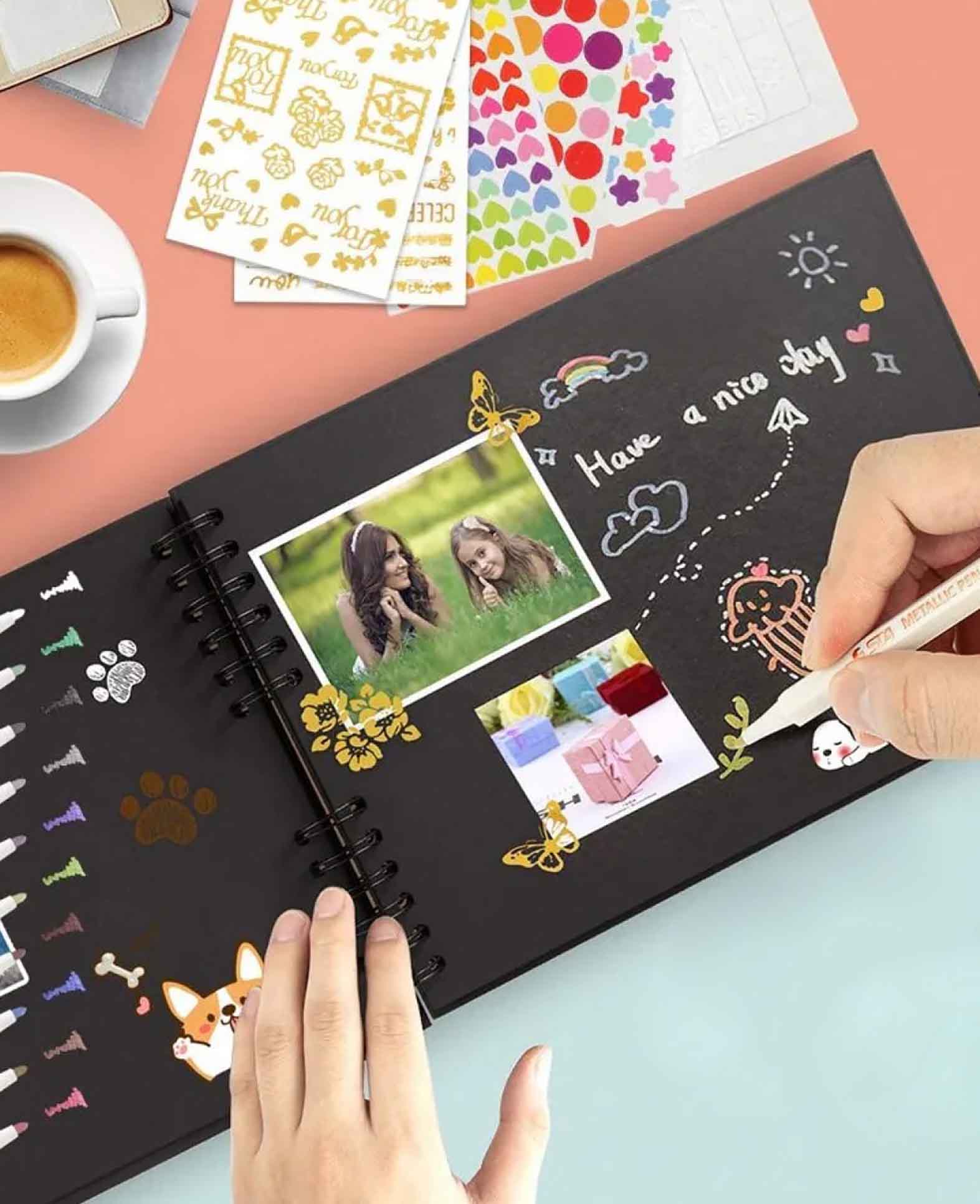 Spiral Foto Album DIY Gästebuch mit Washi Tape / Sticker - Schwarz, 15-tlg.