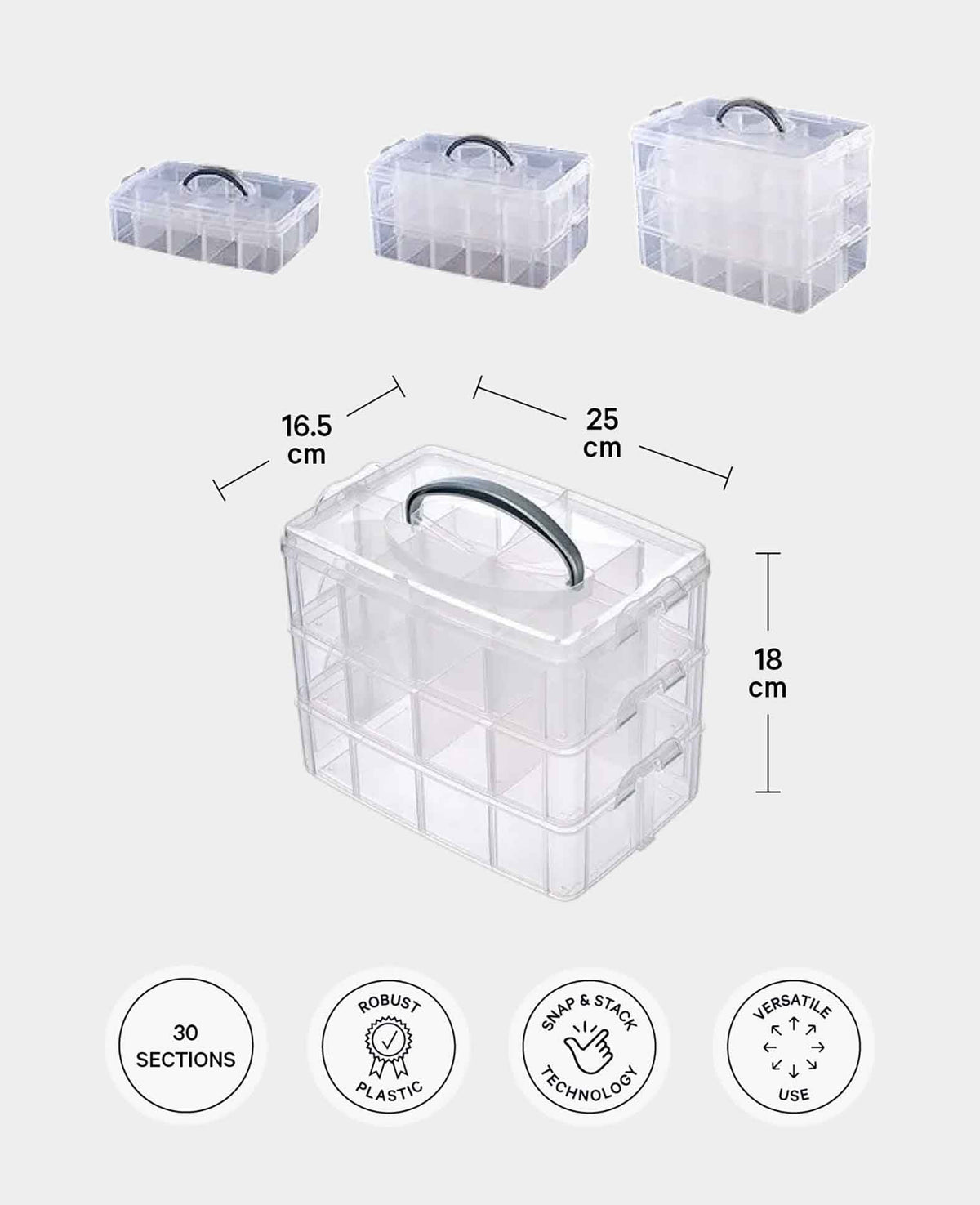 Boîte de rangement à superposer 30 fois pour loisirs créatifs avec poignée de transport / 3 niveaux