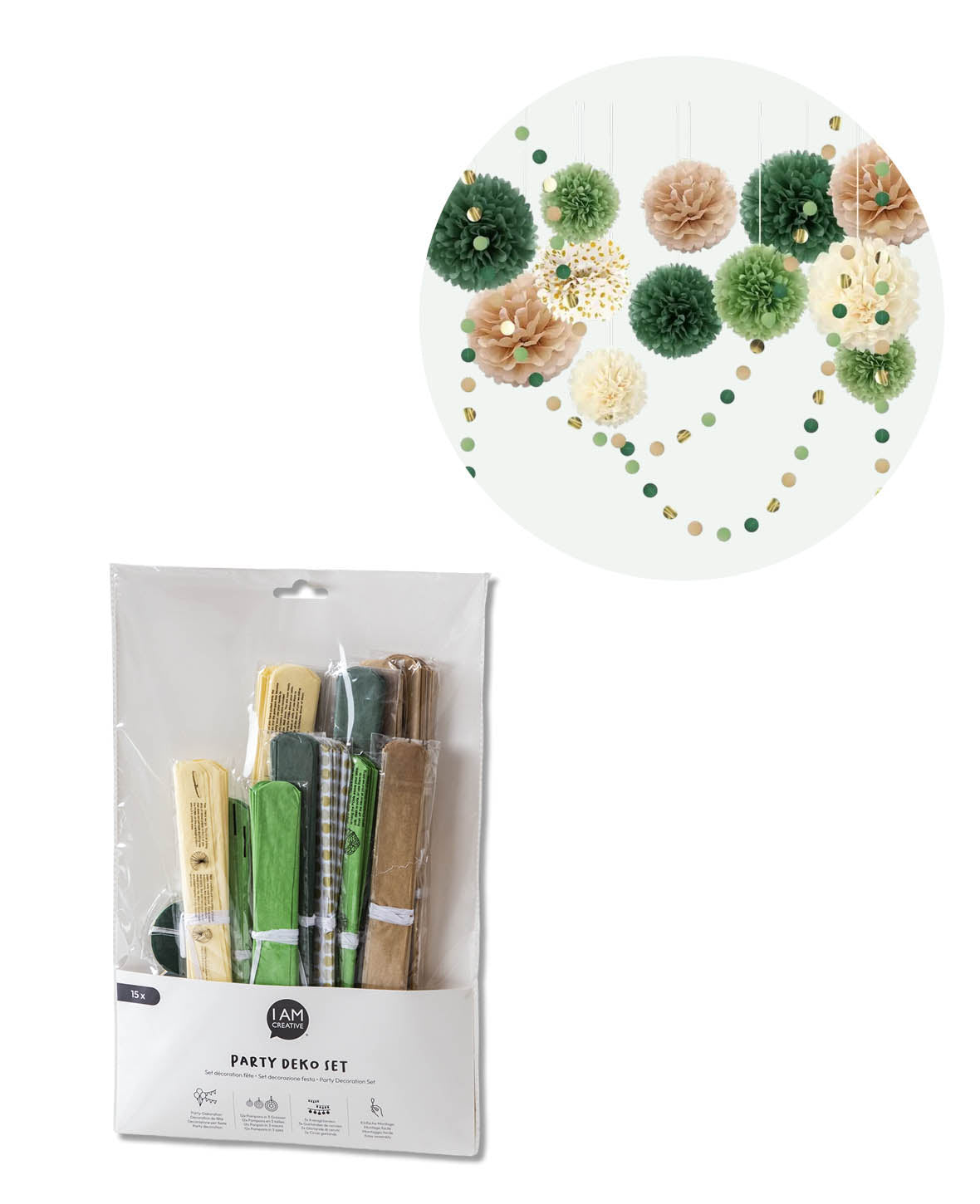 Papier Pompon's Deko Kreis Girlande Party - Grün / Braun / Beige, 15-tlg.