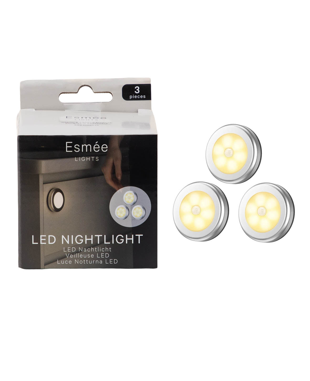 Magnetisches, kabelloses LED Nachtlicht mit Bewegungssensor, Warmweiss, 3 Stk.