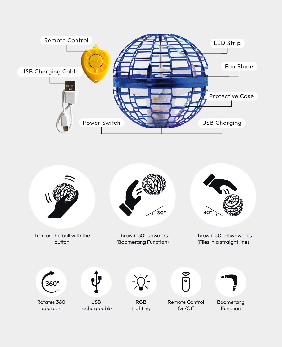 Flying USB Ball Magic Spinner with LED Lighting, Remote Control, Ø9cm