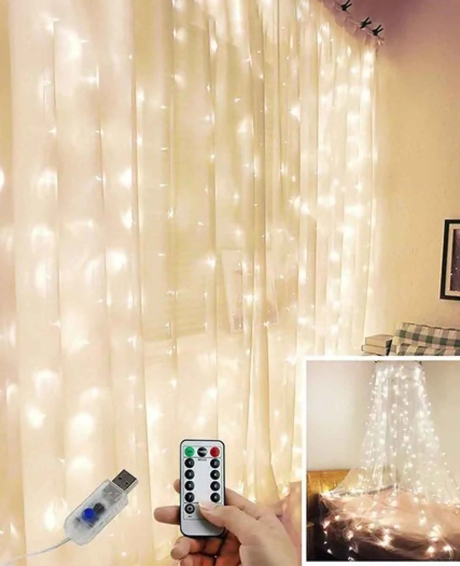 LED's Deko USB Draht Lichterkette Vorhang Beleuchtung - Warmweiss, 3 × 2m