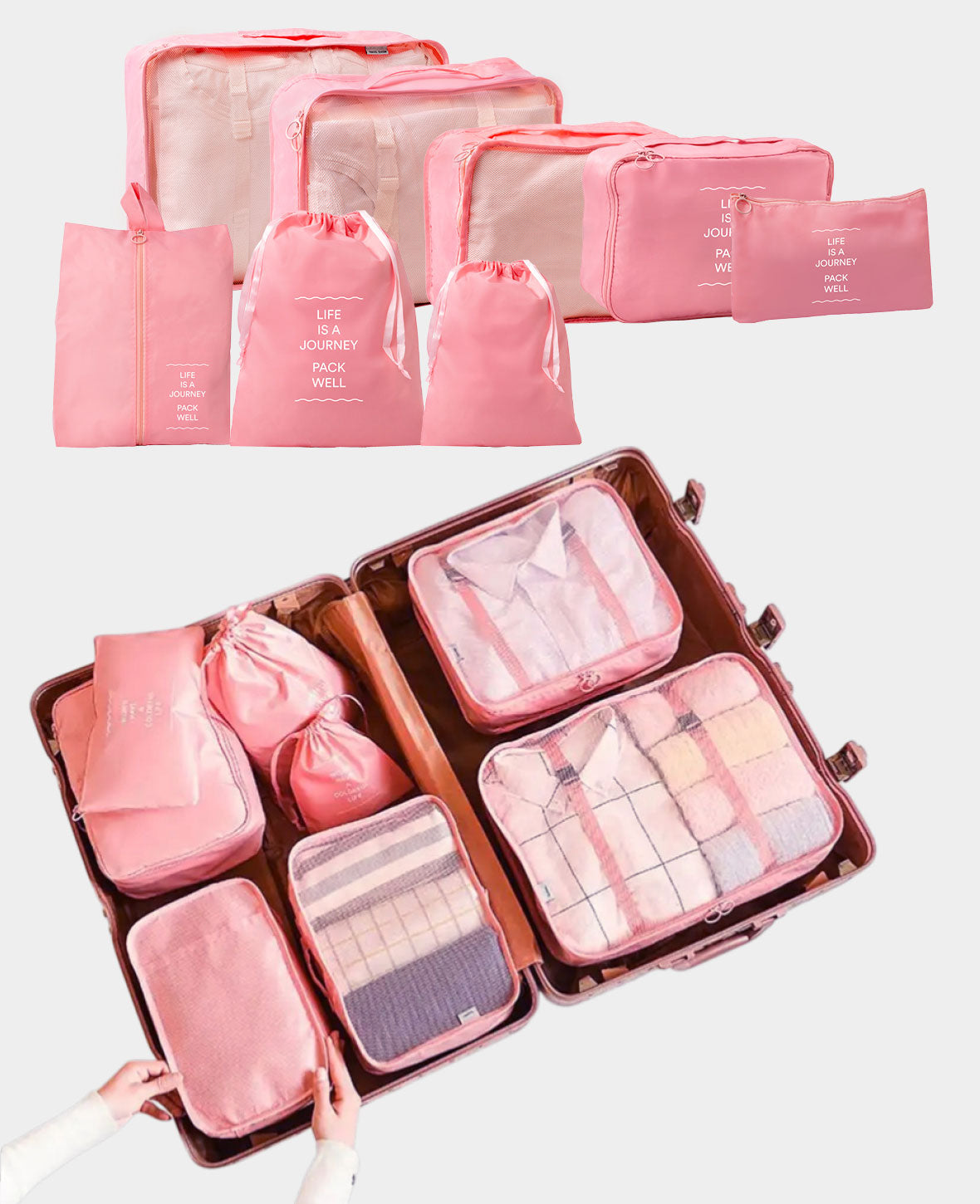 8in1 Wasserdichtes Koffer-Organizer Set – Kompression & Reise – Rosa / Weiss
