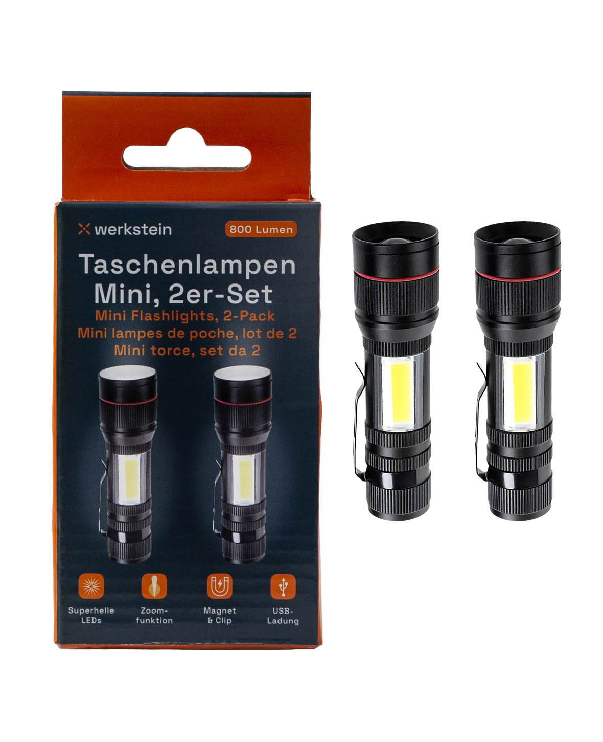 (2er Set) 800LM USB LED Mini Taschenlampen mit Magnet aus Aluminium (W