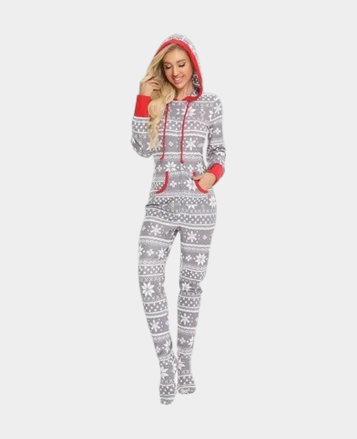 (Gr. M) Damen Christmas Pyjama Overall Winter Jumpsuit mit Kapuze