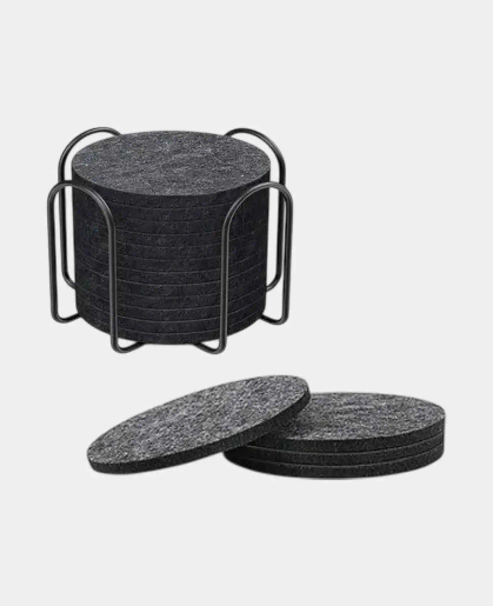 (Set of 10) Ø10cm Felt Drink Coasters + Holder