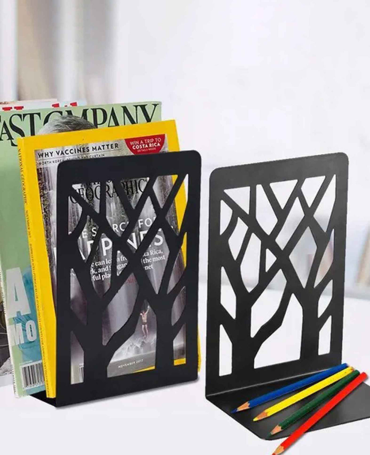 (Set of 4) Metal Bookends Tree Design Book Holder - Black