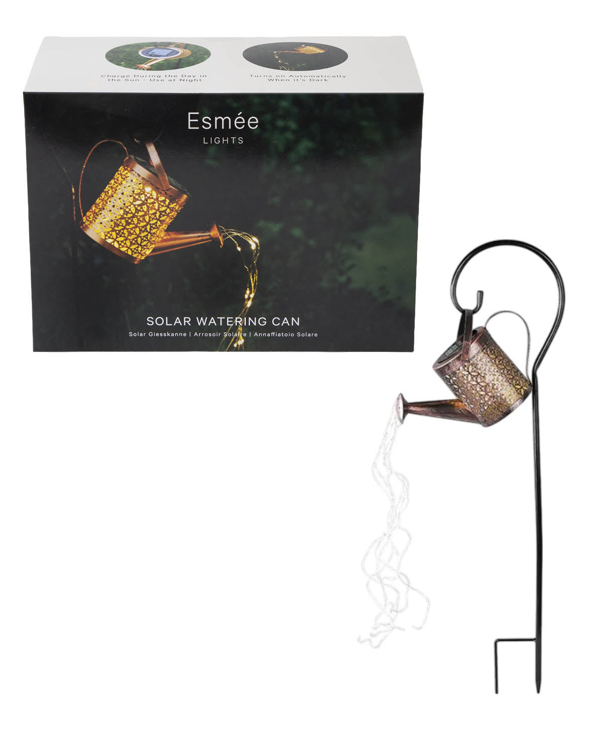 Solar Giesskanne mit Haken & Lichterkette, ideal als Garten Deko