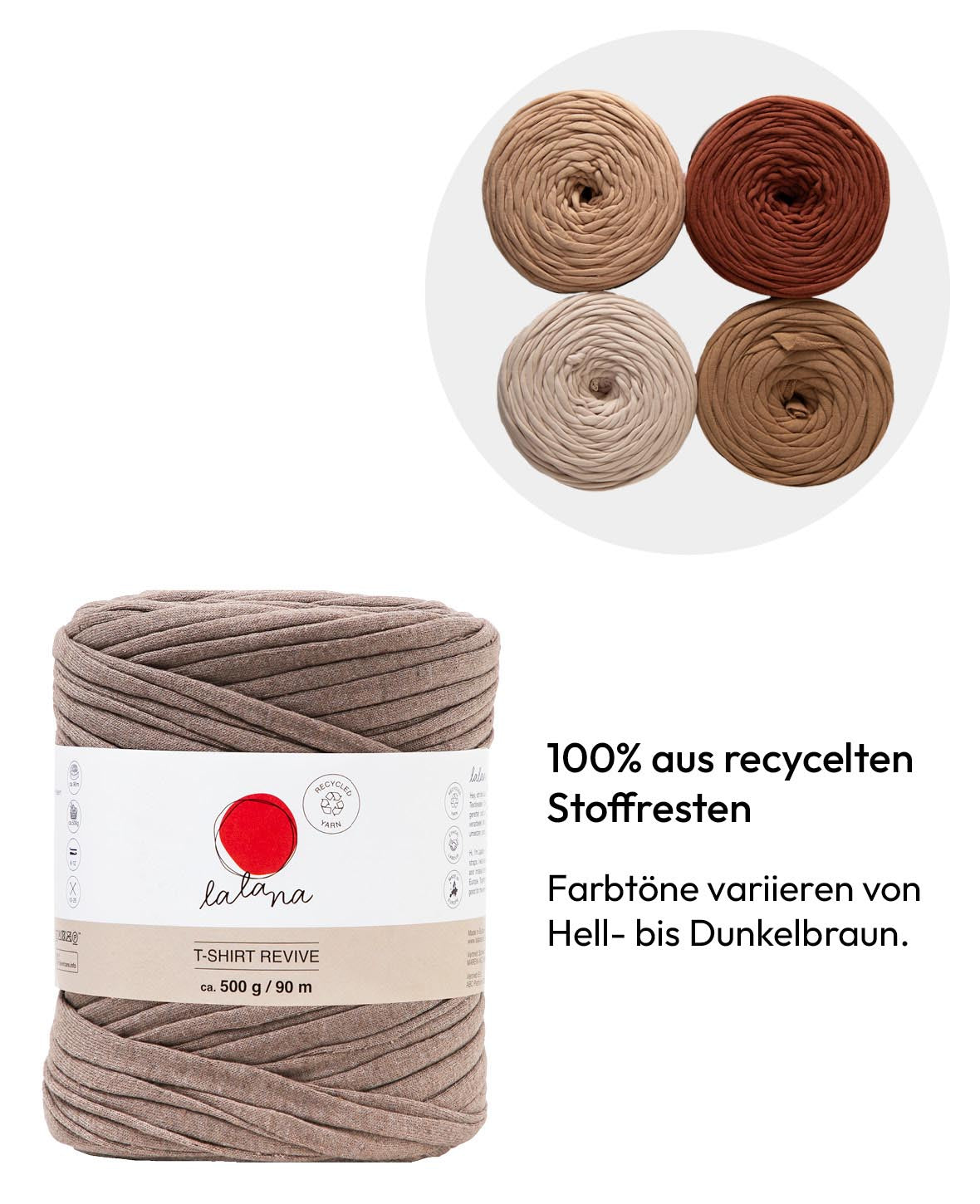 T-Shirt Revive coffee shades, Lalana Textilgarn zum Häkeln, Stricken, Knüpfen & Makramee Projekte, Braun, ca. 5 mm x 90 m, ca. 500 g