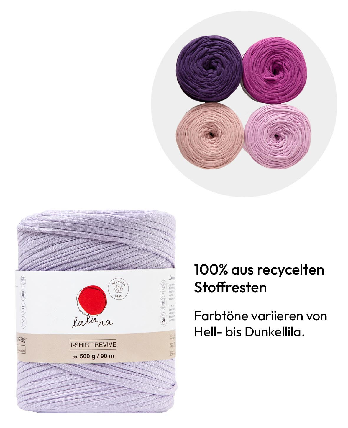 T-Shirt Revive lilac shades, Lalana Textilgarn zum Häkeln, Stricken, Knüpfen & Makramee Projekte, Lila, ca. 5 mm x 90 m, ca. 500 g